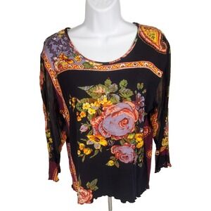 Jane Ashley‎ 3/4 Sleeve Floral Top Women's M Black Shirt Vintage 90's